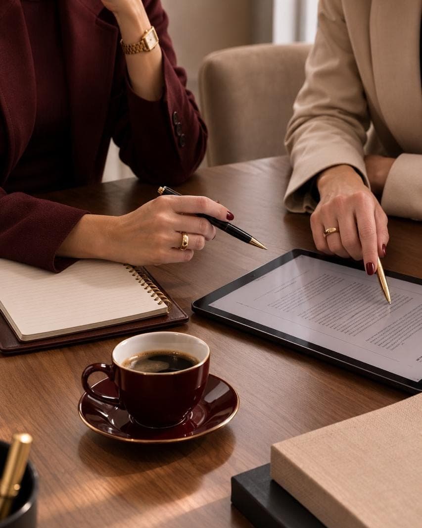Duas pessoas sentadas a uma mesa de madeira, uma de terno vinho e outra de bege, apontando para um documento aberto num tablet, com caderno, caneta e xícara de café