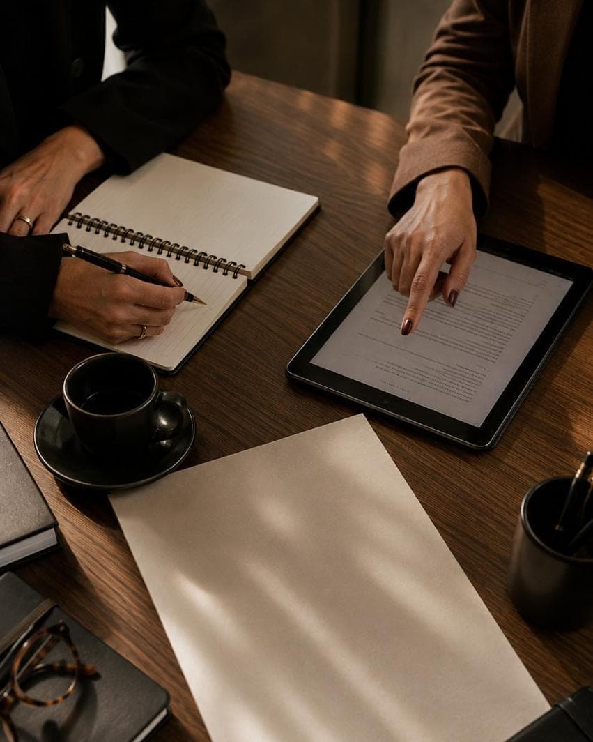 Mãos anotando num caderno pautado enquanto outra mão aponta para um documento aberto num tablet, sobre mesa de madeira com xícara de café