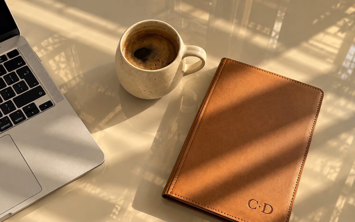 Laptop aberto, caneca de café e caderno de couro cor de cognac com as iniciais C·D gravadas, sobre mesa clara riscada pela luz de uma janela