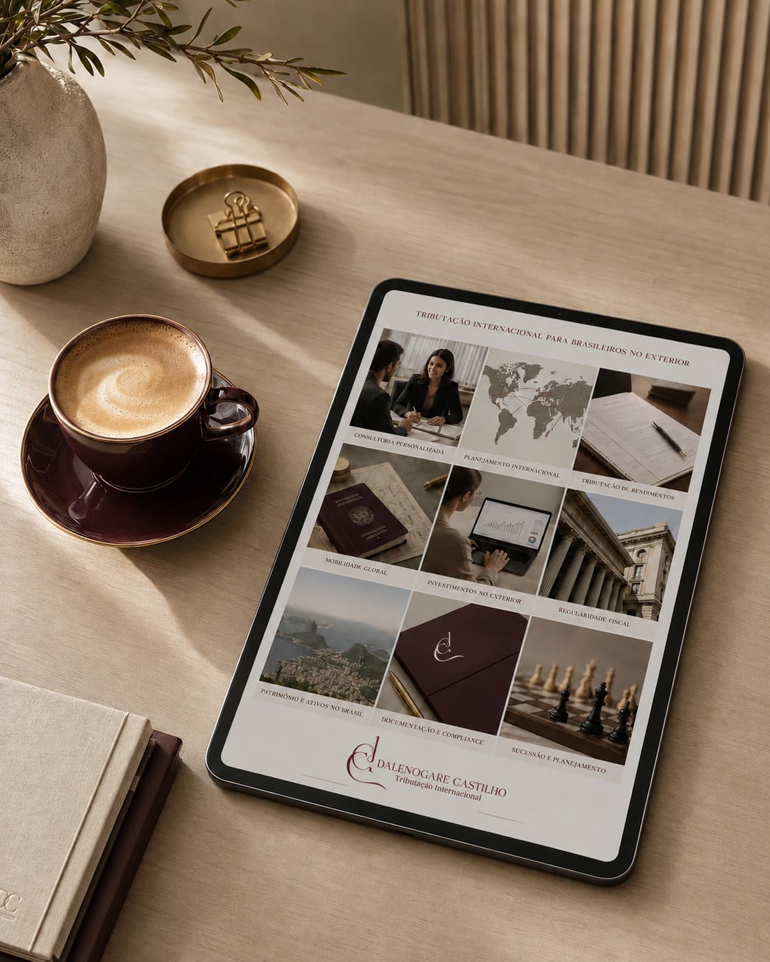 Tablet exibindo o site do escritório Dalenogare Castilho, sobre uma mesa com uma xícara de café