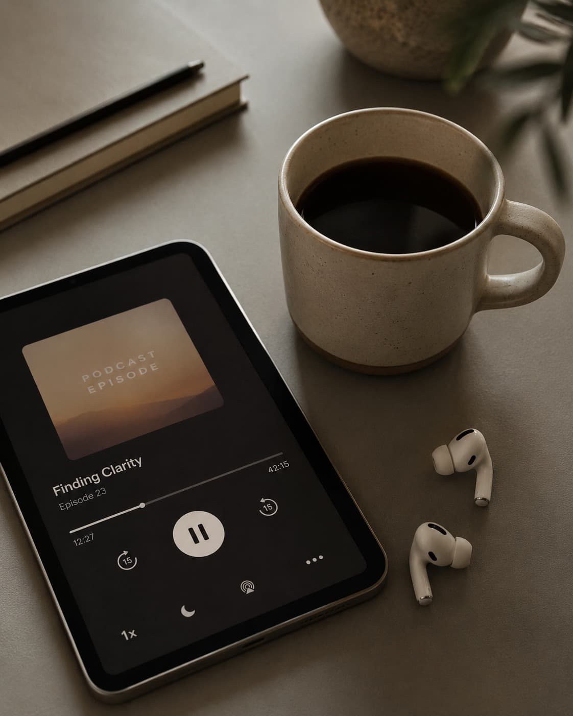 Tablet com um episódio de podcast em reprodução, ao lado de uma xícara de café e fones sem fio